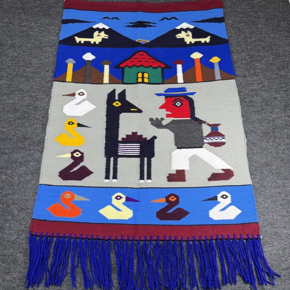 Vintage Peruvian Tapestry Hand Woven Wool Farm Landscape South America 25 X 41‎